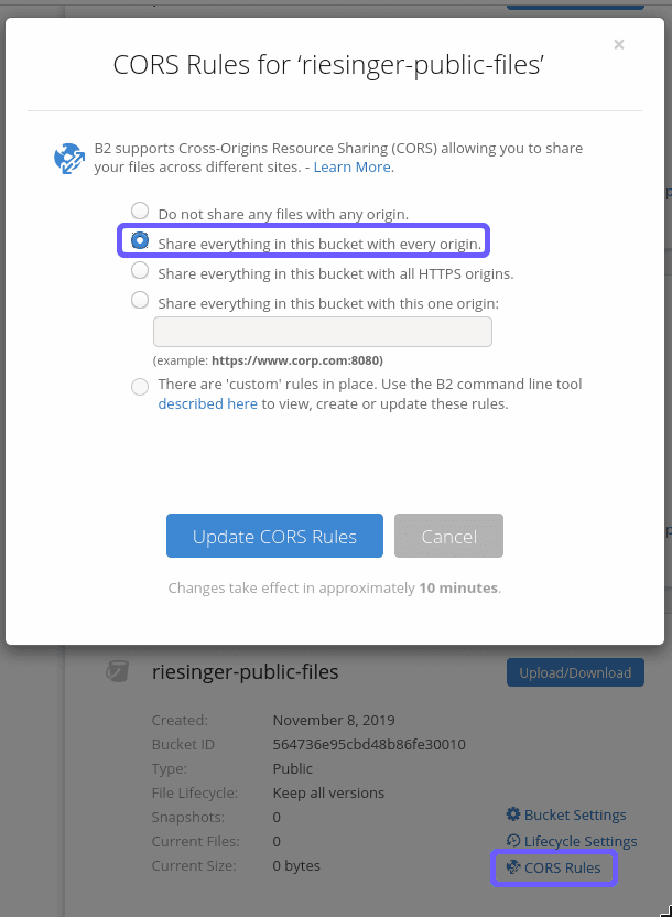 Check the 'Share everything with every origin' radio button in the CORS settings of the bucket